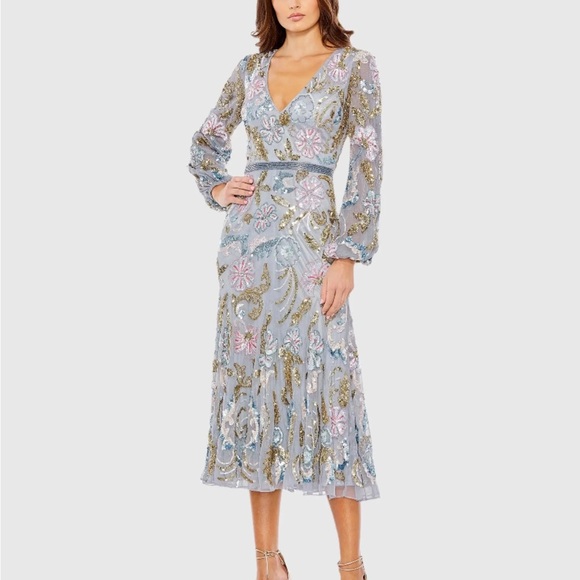 (51)❤️ BNWT MAC DUGGAL
Gray Long Cuff Sleeve Embellished Midi Dress #5423 - Picture 1 of 12